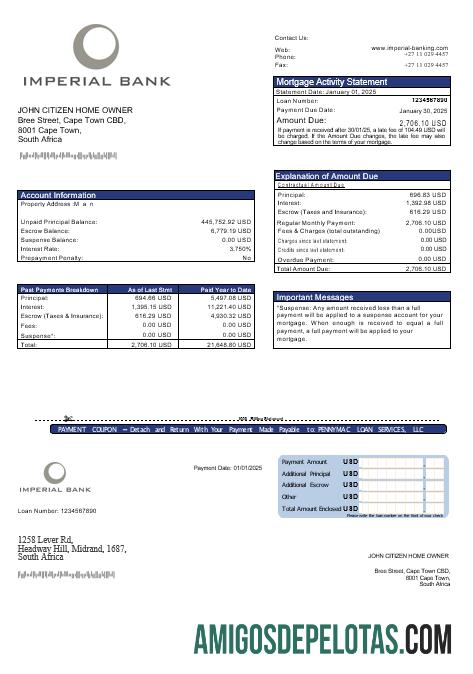 Extrato de hipoteca do Imperial Bank da África do Sul em formatos Word e PDF exemplo real